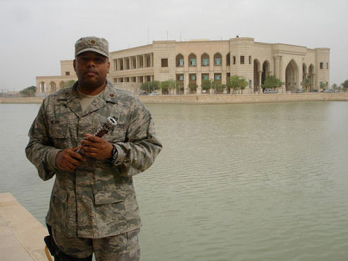 Frank Wilson outside Al Faw Palace in Iraq with his Light Saber