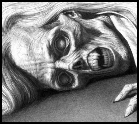 Tom Cruise as Lestat in Interview with the Vampire concept art by Miles Teves (up close dying phase)