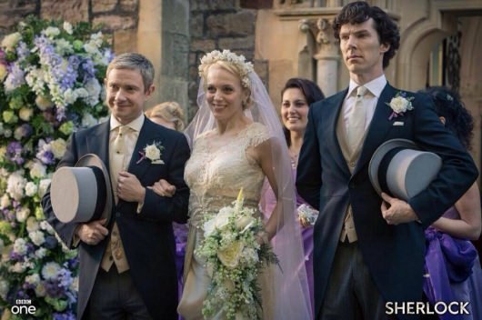 Sherlock wedding John Watson (Martin Freeman), Mary Morstan (Amanda Abbington), Sherlock Holmes (Benedict Cumberbatch) Season 3 Episode 2