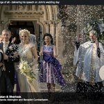 Sherlock wedding John Watson (Martin Freeman), Mary Morstan (Amanda Abbington), Sherlock Holmes (Benedict Cumberbatch) Season 3 Episode 2 church exterior