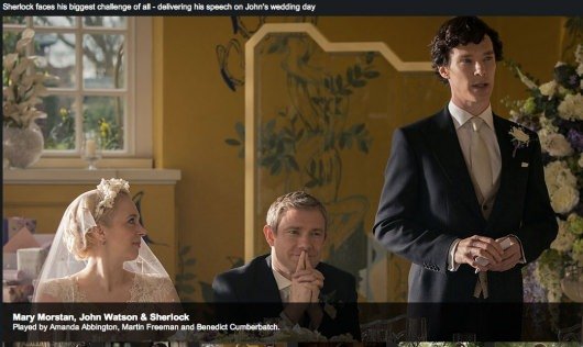 Sherlock wedding Mary Morstan (Amanda Abbington), John Watson (Martin Freeman), Sherlock Holmes (Benedict Cumberbatch) Season 3 Episode 2