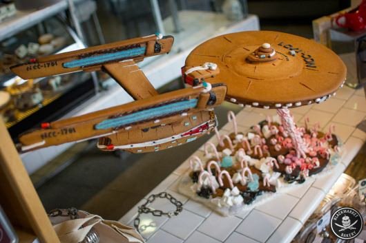 A Gingerbread recreation of the Starship Enterprise from "Star Trek," created by Blackmarket Bakery and on display at the shop in Costa Mesa, CA BlackmarketBakery.com