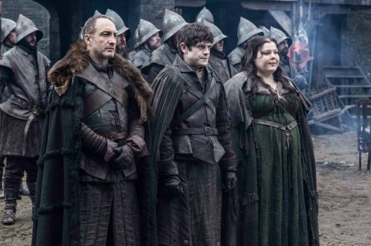 Game Of Thrones Season 5 Michael McElhatton as Roose Bolton, Iwan Rheon as Ramsay Bolton and Elizabeth Webster as Walda Frey