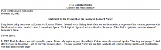 White House President Obama statement on Leonard Nimoy's passing