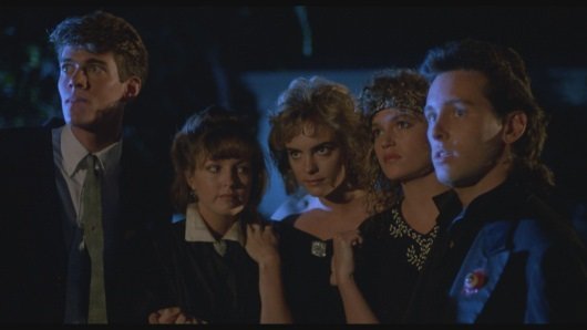 From left to right: Dana Ashbrook ("Tony," far left), Deborah Foreman ("China," left), Michelle Johnson ("China," center), Clare Carey ("Gemma," right) and Eric Brown ("James," far right) star in Lionsgate Home Entertainment's WAXWORK