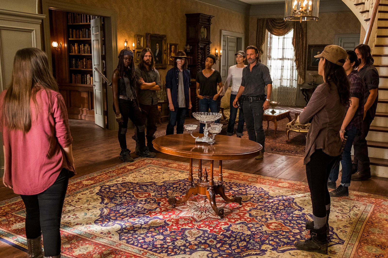 Katelyn Nacon as Enid, Danai Gurira as Michonne, Tom Payne as Paul 'Jesus' Rovia, Chandler Riggs as Carl Grimes, Sonequa Martin-Green as Sasha Williams, Lauren Cohan as Maggie Greene, Andrew Lincoln as Rick Grimes, Alanna Masterson as Tara Chambler, Norman Reedus as Daryl Dixon, Christian Serratos as Rosita EspinosaÂ - The Walking Dead